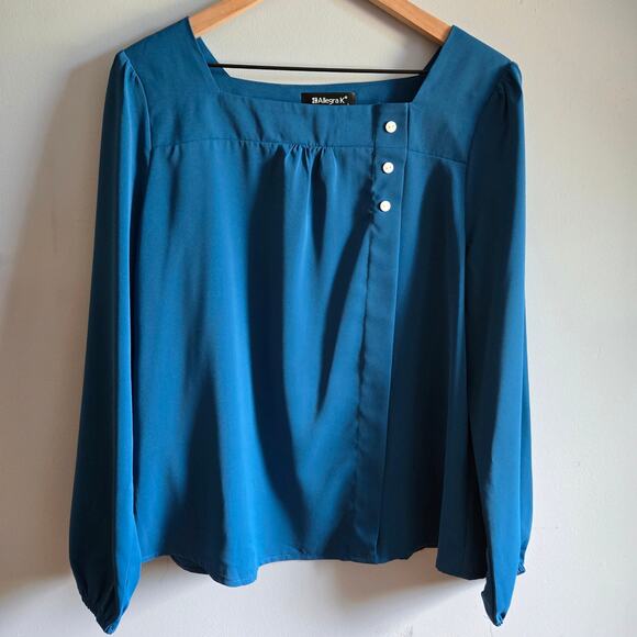 Allegra K. Blue Square Neck Long Sleeve Elastic Waist Button Blouse Shirt - Picture 2 of 7